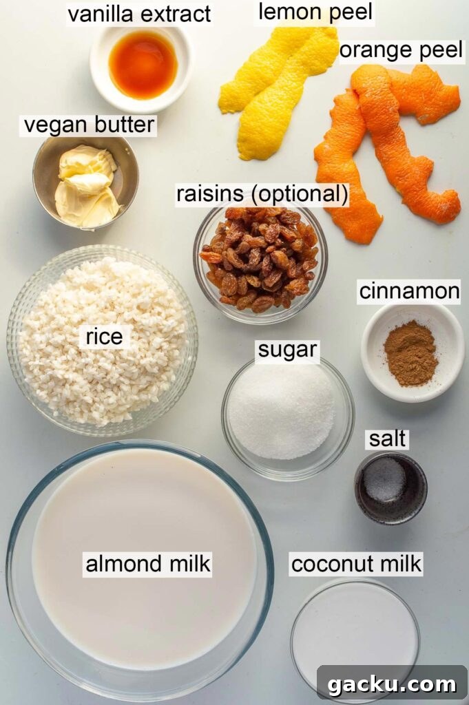 Labelled ingredients, including vanilla extract, lemon peel, orange peel, vegan butter, raisins (optional), cinnamon, rice, sugar, salt, almond milk, and coconut milk.