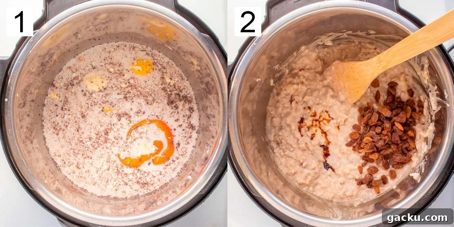 A split image with milky liquid in a pot on the left and thickened liquid and rice on the right.