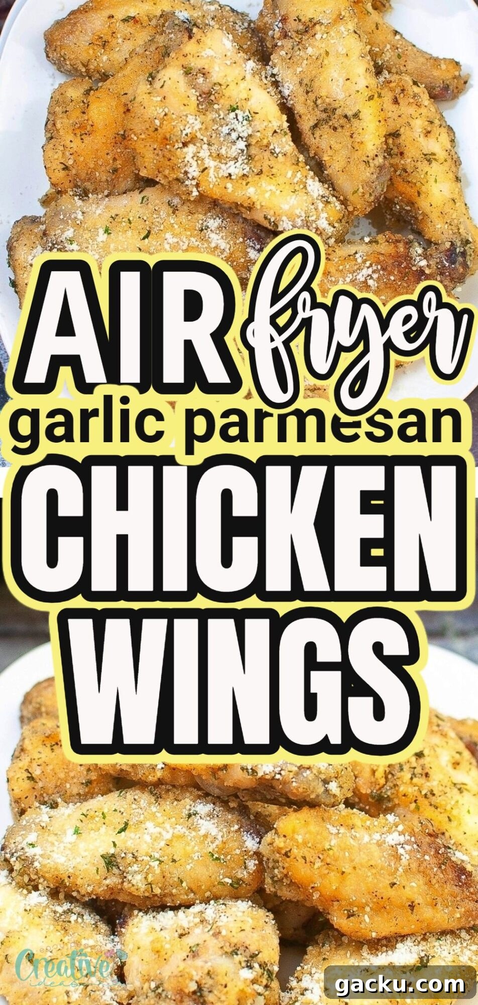 Crispy Garlic Parmesan Chicken Wings in the Air Fryer 6 Deliciously crispy and flavorful baked air fryer garlic parmesan wings - a healthier twist on traditional fried wings!