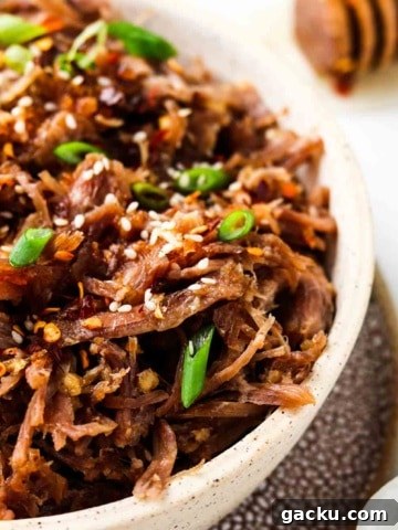 pulled pork in a bowl with green onions and sesame seeds on top