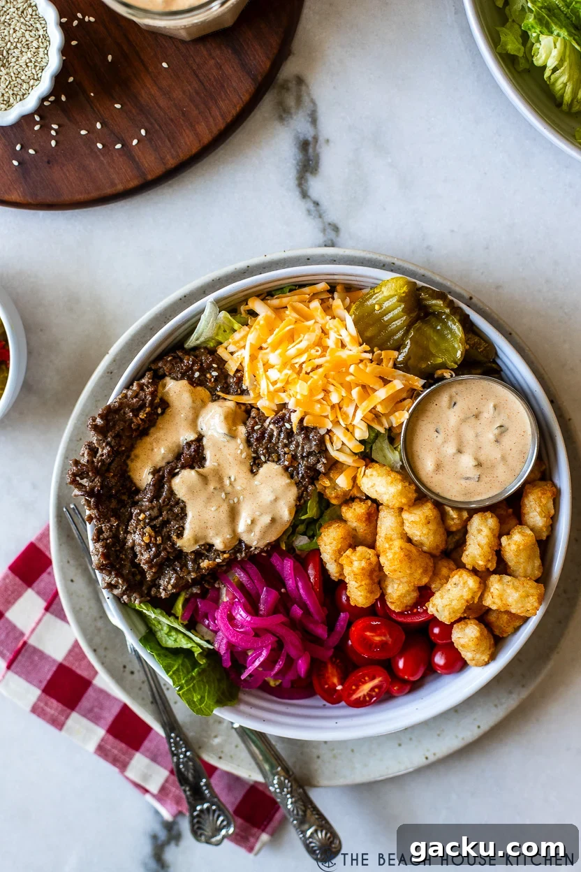 Overhead photo of a Naked Burger Salad Bowl