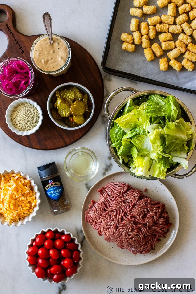 Overhead photo of ingredients for Naked Burger Salad Bowl