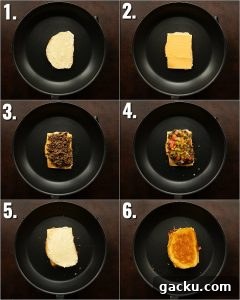 6 step by step photos showing how to make a cheeseburger grilled cheese