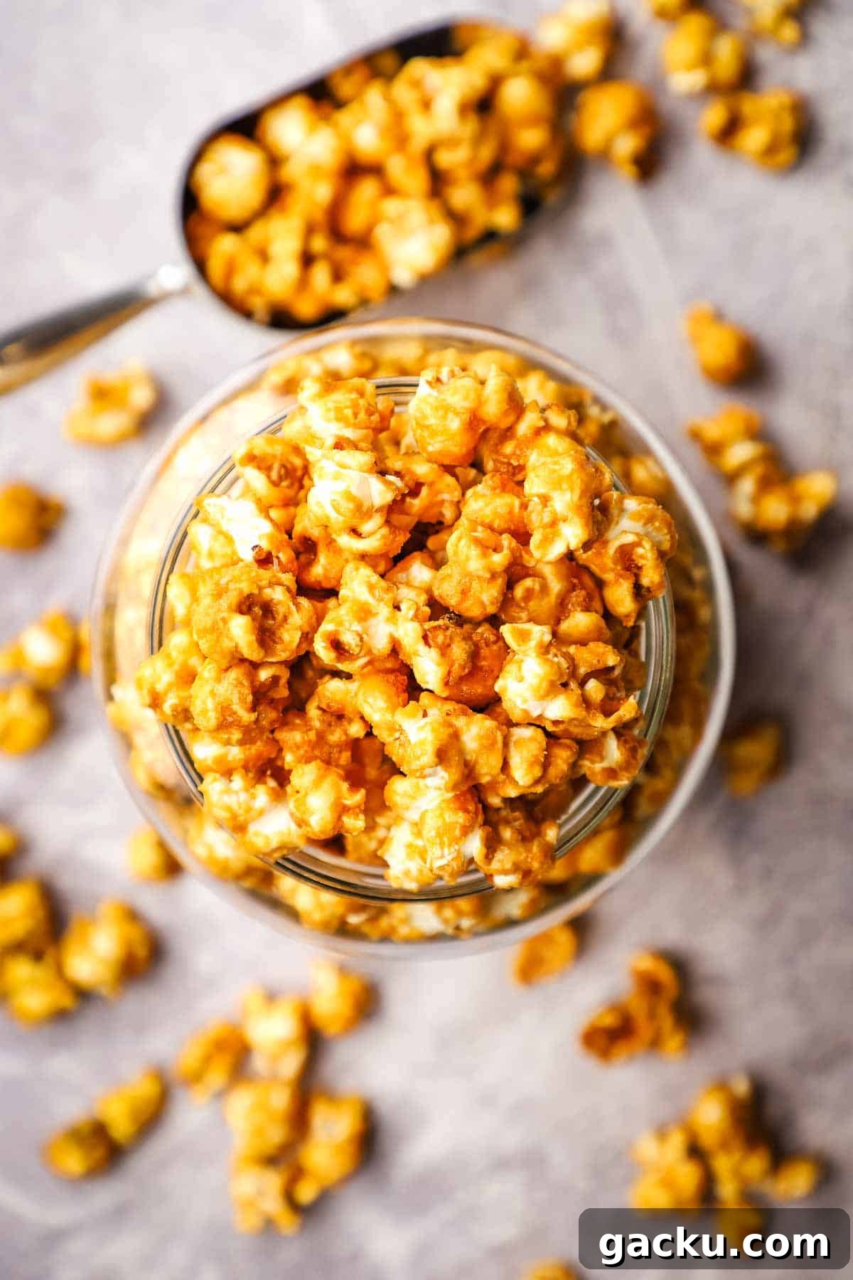 overhead view of a jar of caramel corn